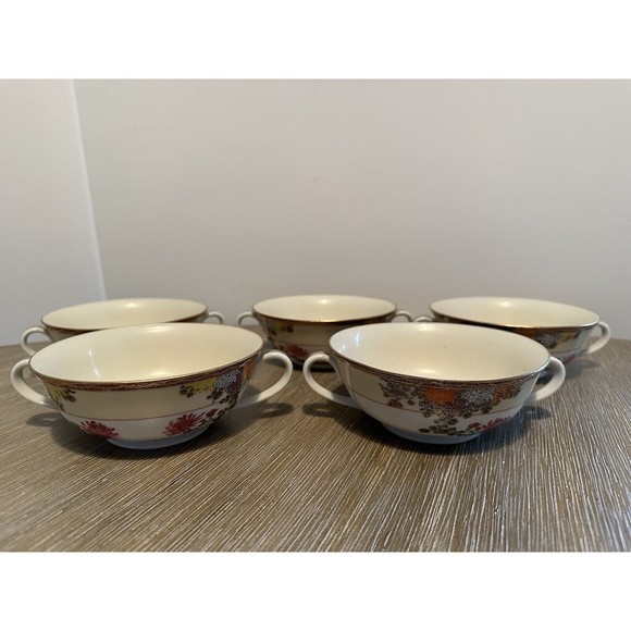 Set of 5 Bouillon/Soup Cups, Hand-Painted Floral Mums Porcelain Japanese - Picture 4 of 7